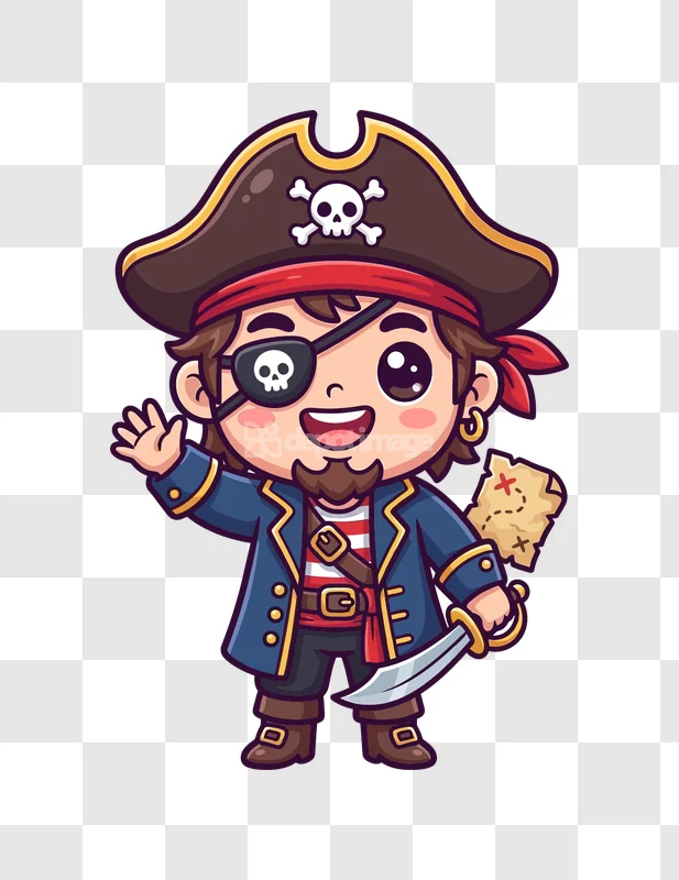 Cute Pirate Holding a Map and Sword cartoon style transparent background