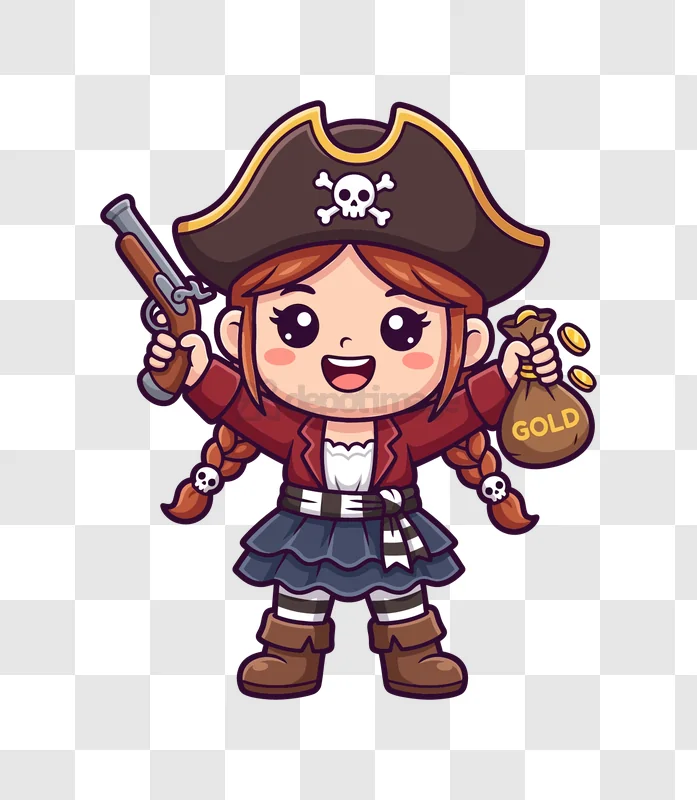 Cute Pirate Holding Gun and Gold cartoon style, vibrant colors, transparent background