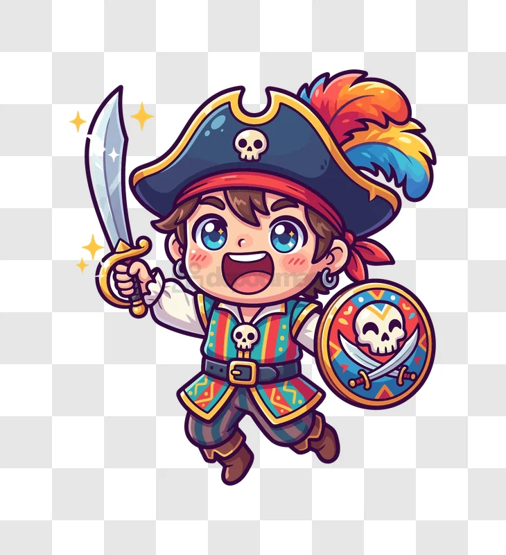 Cute Pirate Kid With Sword and Shield cartoon style colorful transparent background