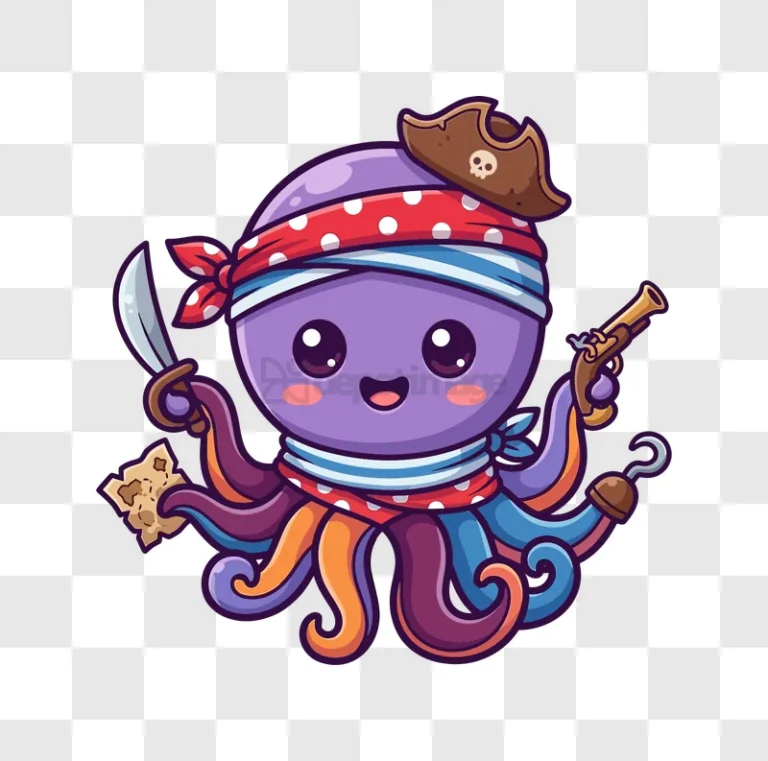 Cute Pirate Octopus Holding Sword and Gun purple cartoon transparent background