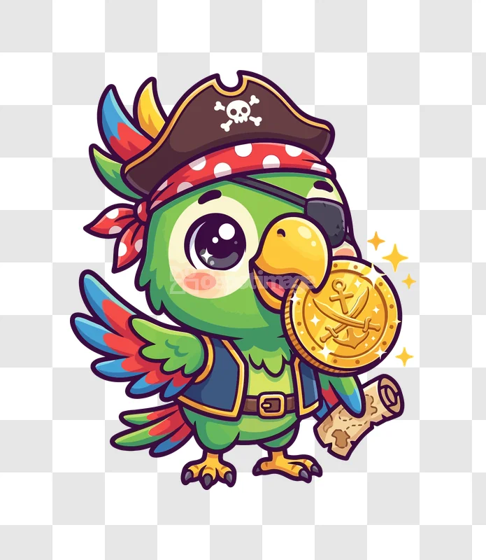 Cute Pirate Parrot Holding Treasure and Map cartoon style vibrant colors transparent background