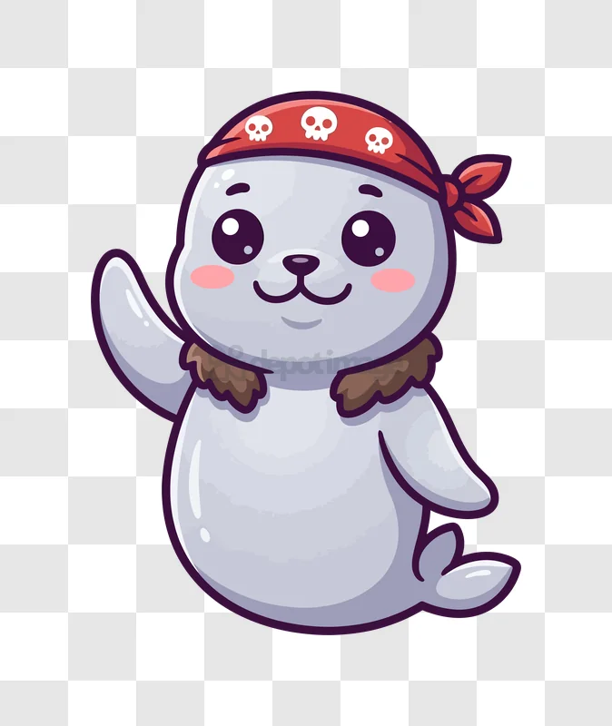 Cute Pirate Seal Waving Hello Cartoon, adorable white seal red bandana