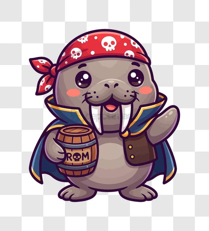 Cute Pirate Walrus Holding a Rum Barrel cartoon illustration transparent background