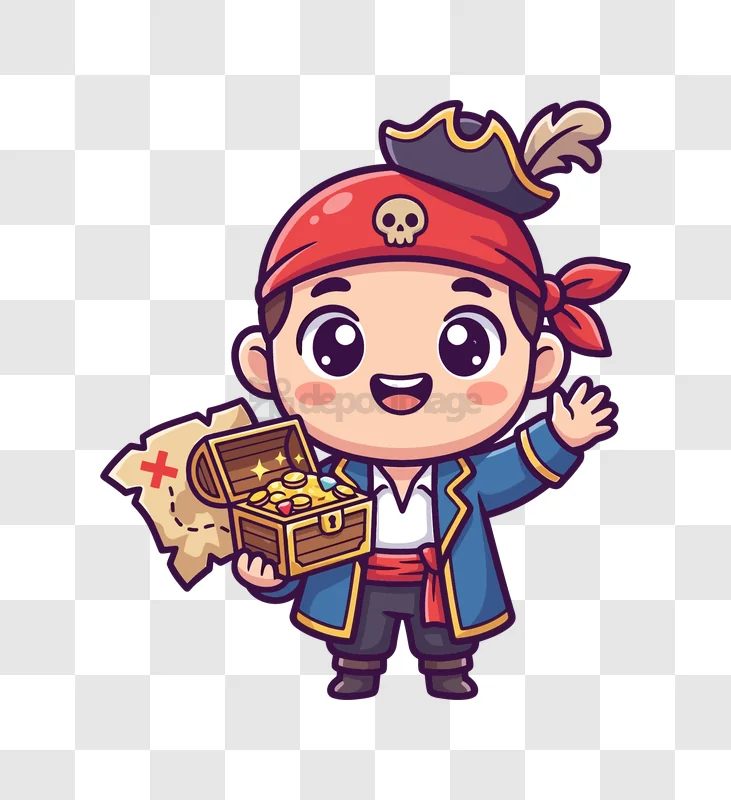 Cute Pirate With Treasure Map cartoon style colorful transparent background