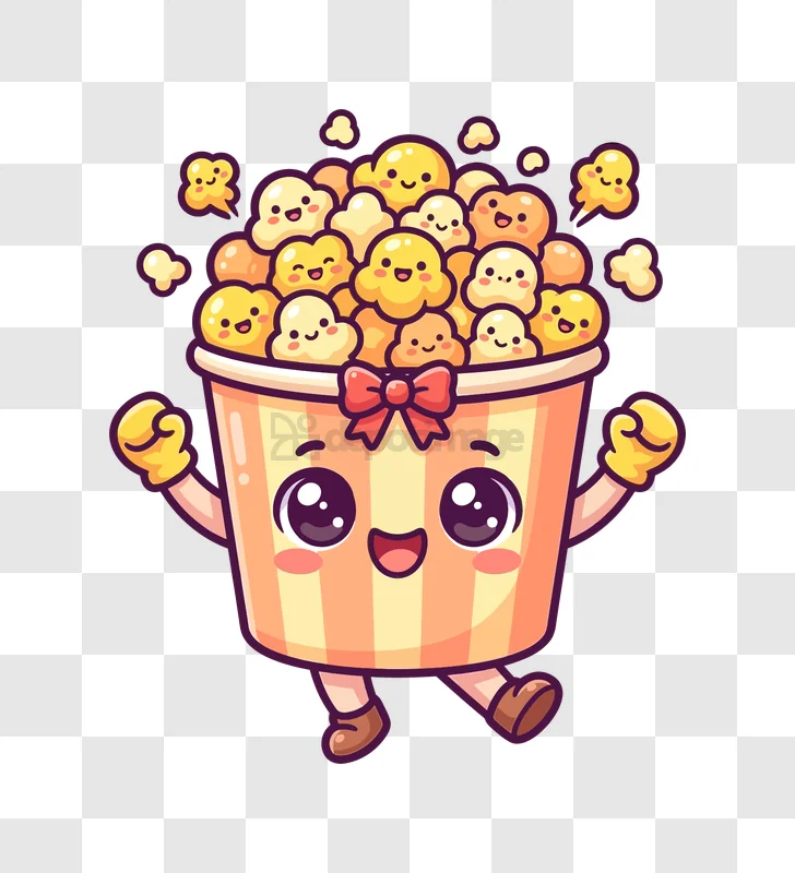 Cute Popcorn Bucket Character Smiling Joyfully, cartoon style vibrant colors transparent