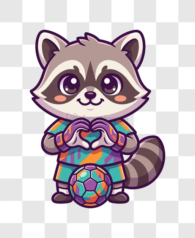 Cute Raccoon Football Player Heart Gesture cartoon style vibrant colors transparent background