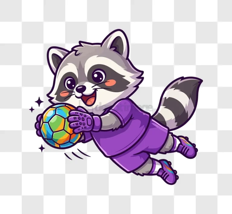 Cute Raccoon Goalkeeper Catching Colorful Ball cartoon style vibrant colors transparent background