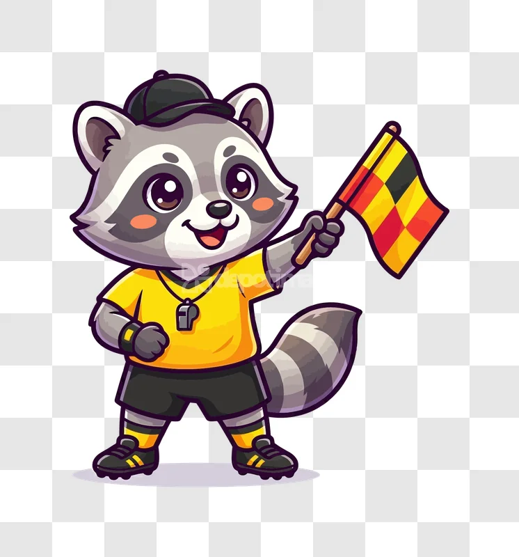 Cute Raccoon Soccer Referee Waving Flag cartoon style transparent background