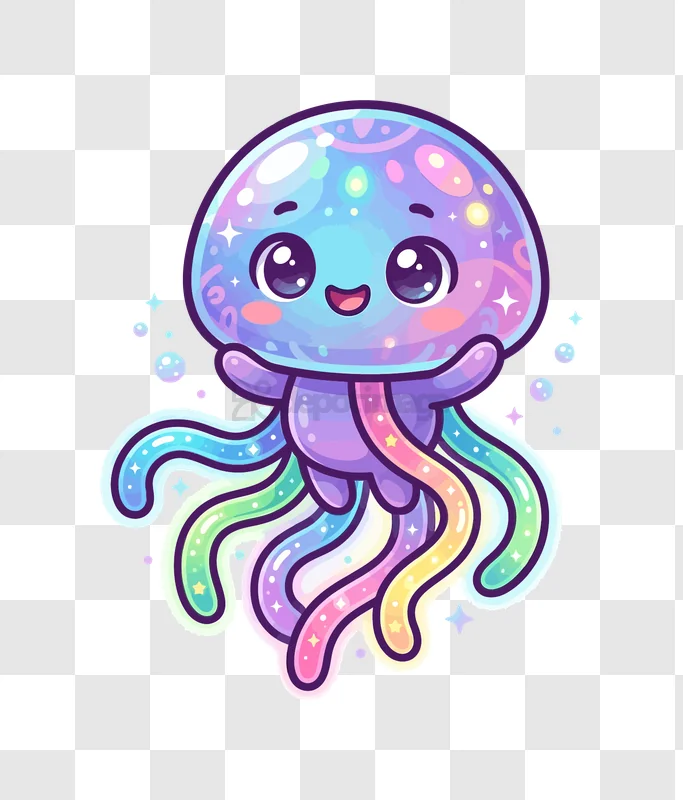 Cute Rainbow Jellyfish With Sparkles Floating, cartoon style iridescent colors