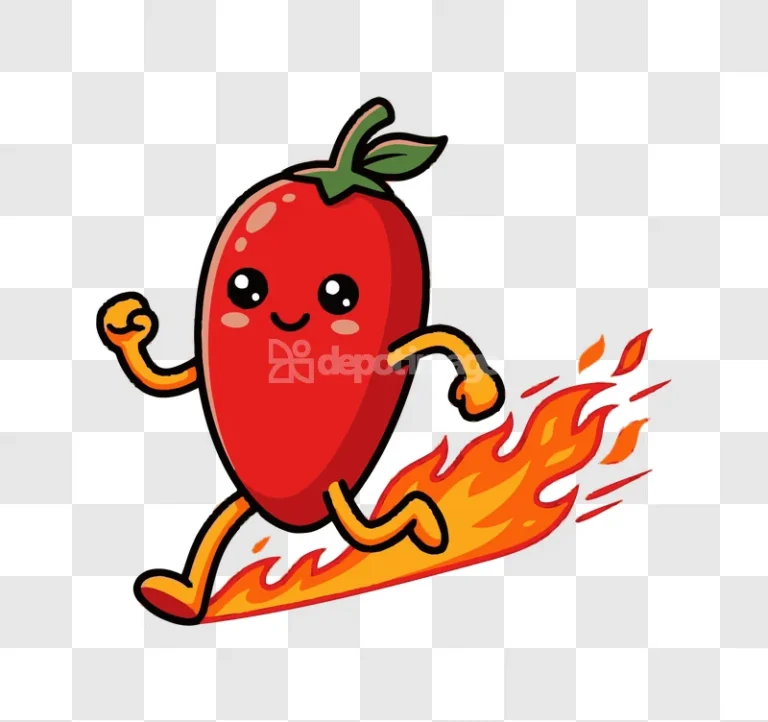 Cute Red Chili Pepper Running Fast cartoon style with flames