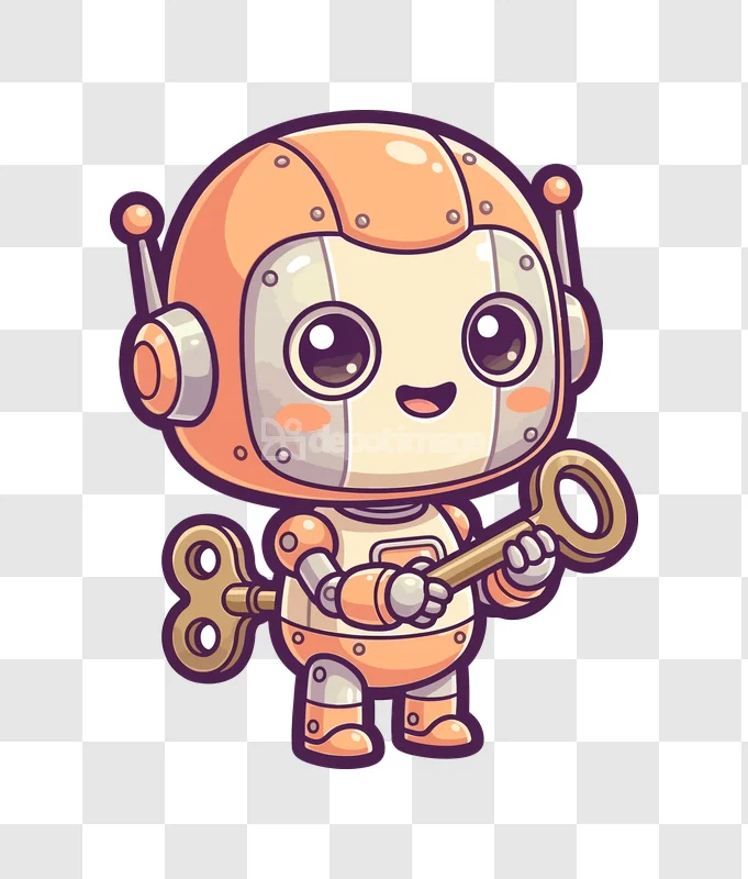Cute Robot Holding a Golden Key Cartoon, orange white cartoon transparent background