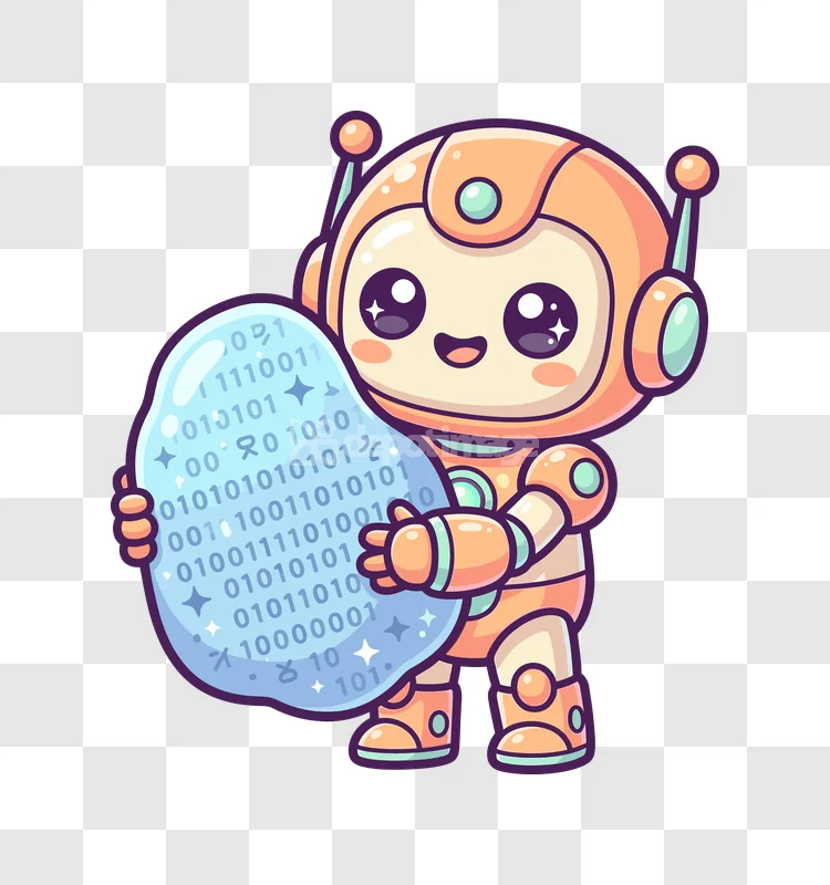 Cute Robot Holding Binary Code Rock cartoon style transparent background