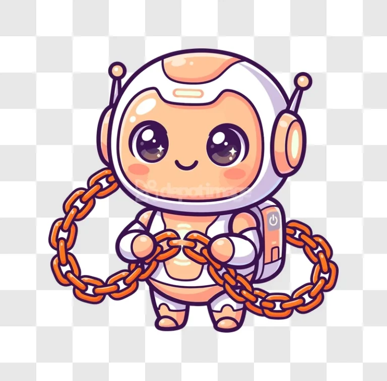Cute Robot Holding Orange Chain Black Background cartoon style black background