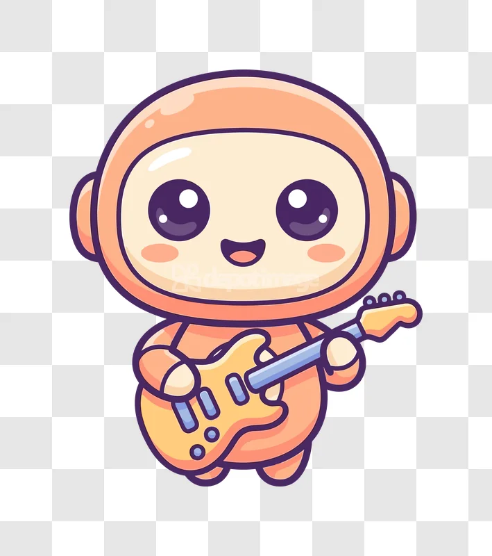 Cute Robot Mascot Playing Electric Guitar cartoon style orange and yellow transparent background