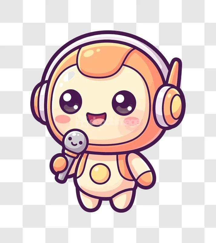 Cute Robot Mascot With Headset Singing, cartoon style orange white transparent