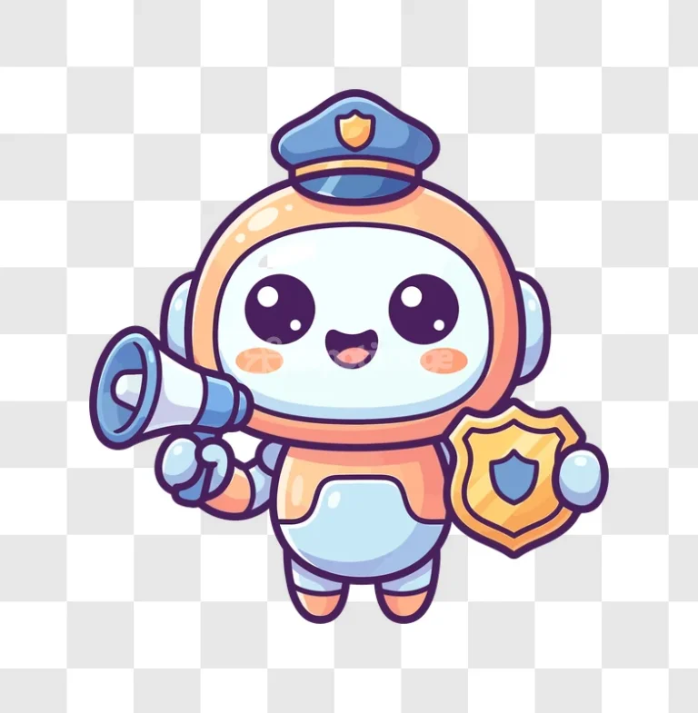 Cute Robot Police Officer With Megaphone cartoon style transparent background, holding shield