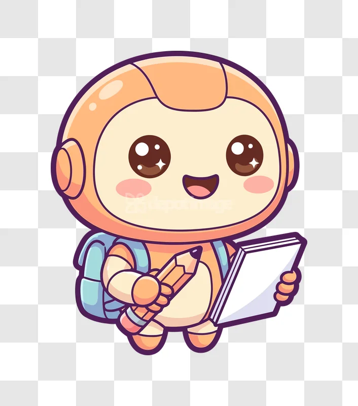 Cute Robot Student With Pencil and Book cartoon style transparent background