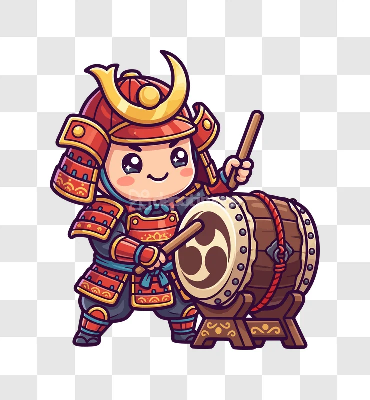 Cute Samurai Warrior Playing Taiko Drum cartoon style red gold