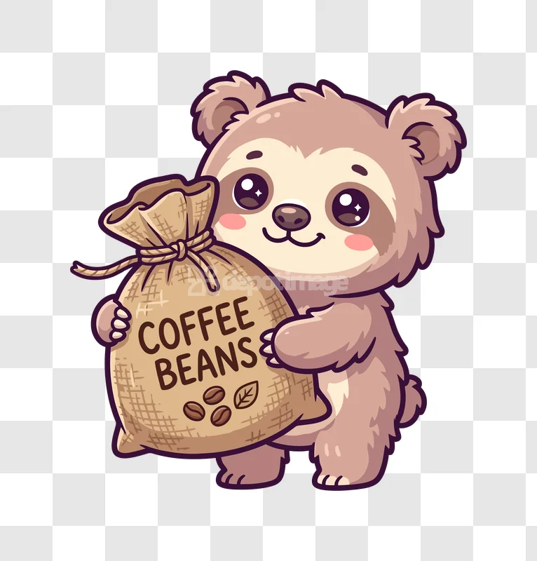 Cute Sloth Holding Coffee Beans Sack cartoon style transparent background