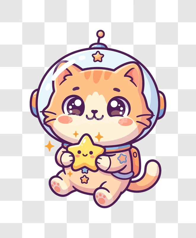 Cute Space Cat Holding Tiny Star cartoon style orange white