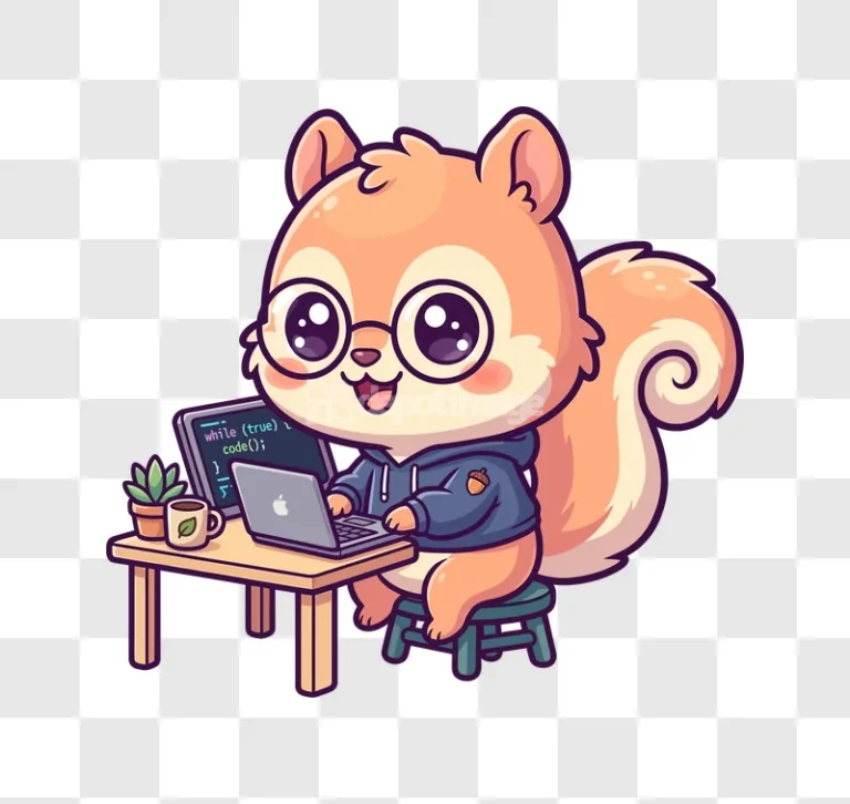 Cute Squirrel Coding on Laptop at Desk, cartoon style, vibrant colors, transparent background
