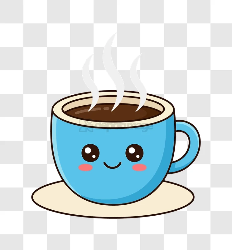 Cute Steaming Coffee Mug Character, blue cup kawaii style, transparent background