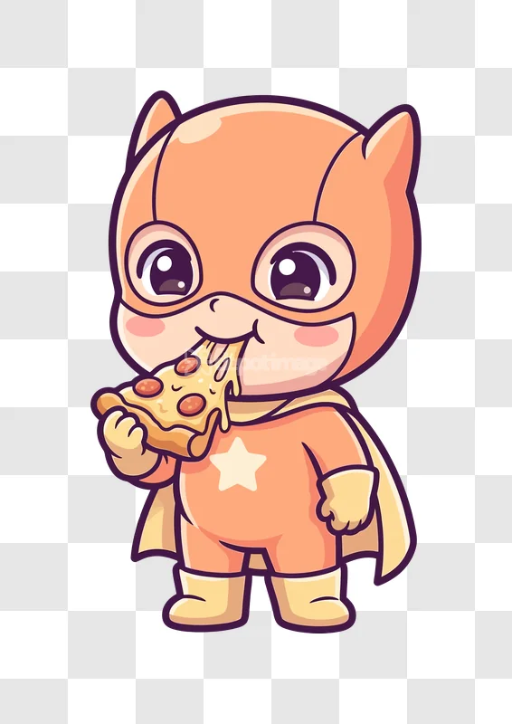 Cute Super Hero Kid Eating Pizza cartoon style transparent background