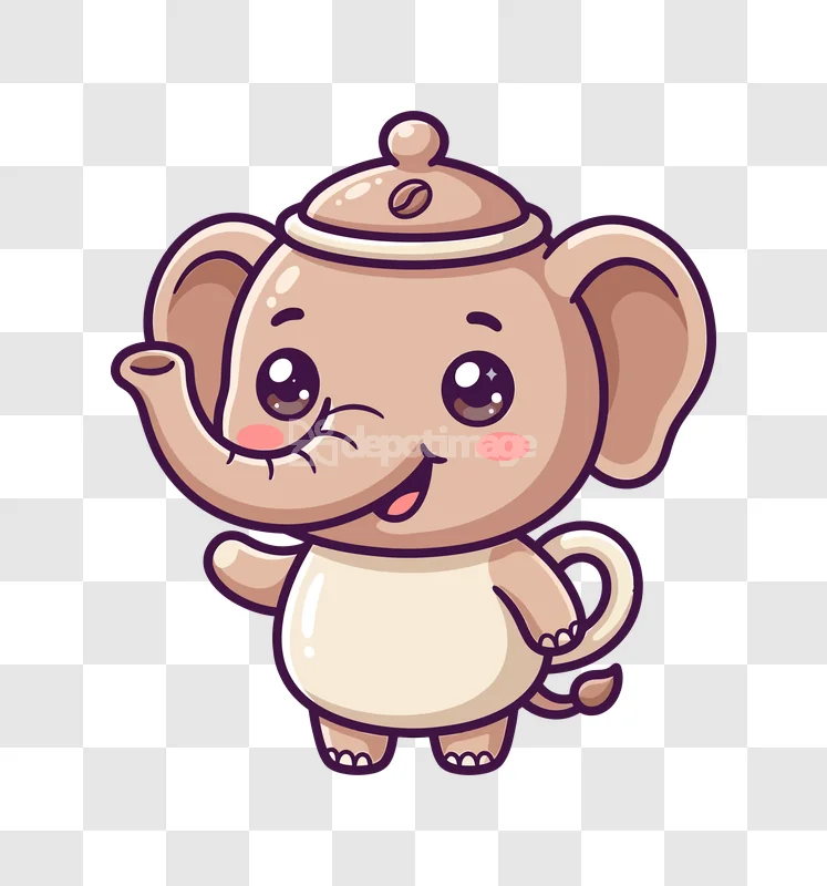 Cute Tea Elephant Character Waving Happy, cartoon style transparent background
