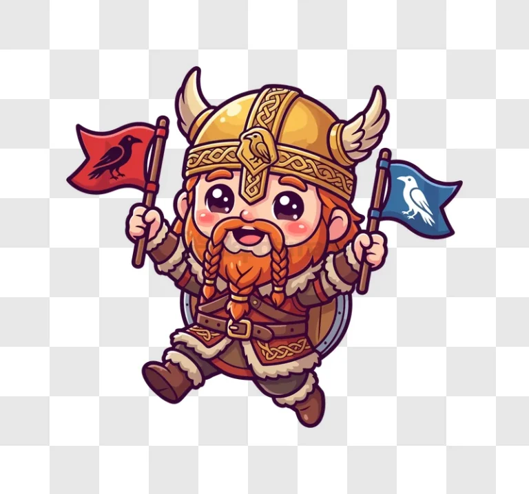 Cute Viking Character Holding Two Flags, cartoon style, red beard, horned helmet
