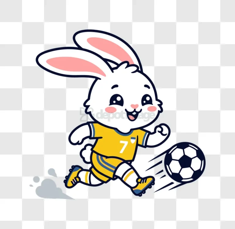 Cute White Bunny Playing Soccer Cheerfully cartoon style transparent background