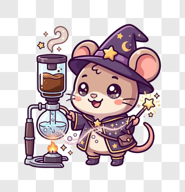 Cute Witch Mouse Making Potion Brew cartoon style wizard hat coffee maker