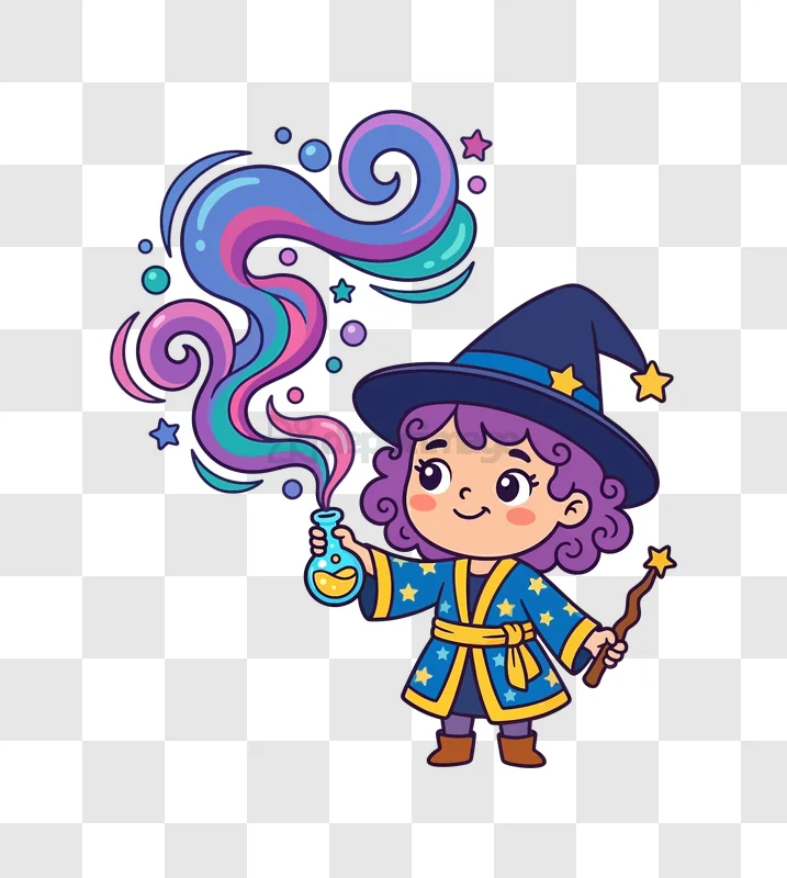 Cute Witch With Potion and Swirling Magic cartoon style colorful magic