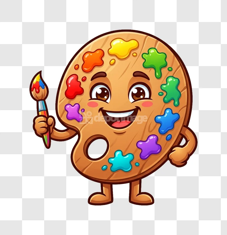 Cute Wooden Artist Color Palette Brush Mascot cartoon style transparent background