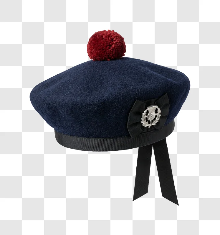 Dark Blue Scottish Beret With Red Pom with black ribbon and silver thistle badge