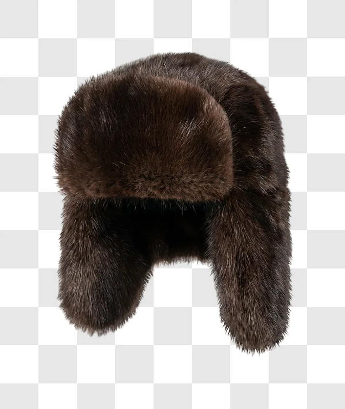 Dark Brown Fur Trapper Hat on Black realistic fur texture isolated