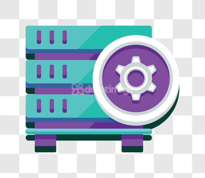 Data Server Rack Settings Gear Icon flat design teal purple