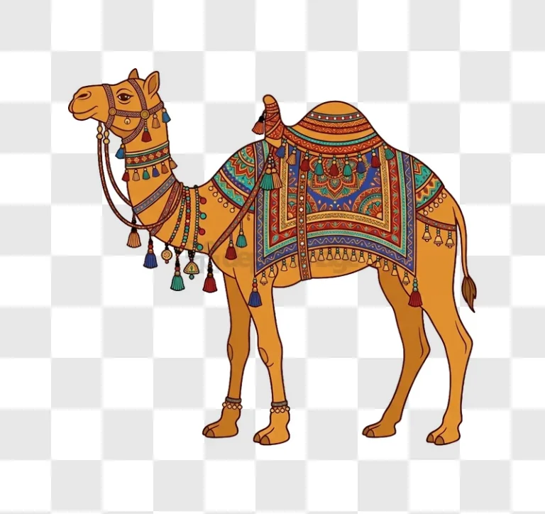 Decorated Camel Portrait in Desert Style, intricate patterns colorful tassels transparent background
