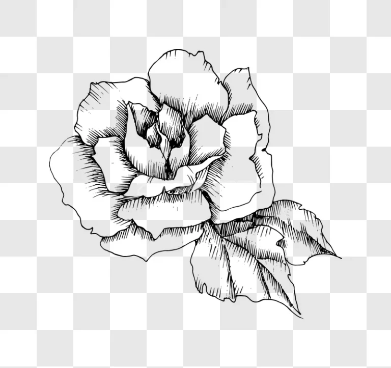 Detailed Rose Flower Ink Sketch Illustration black outline transparent