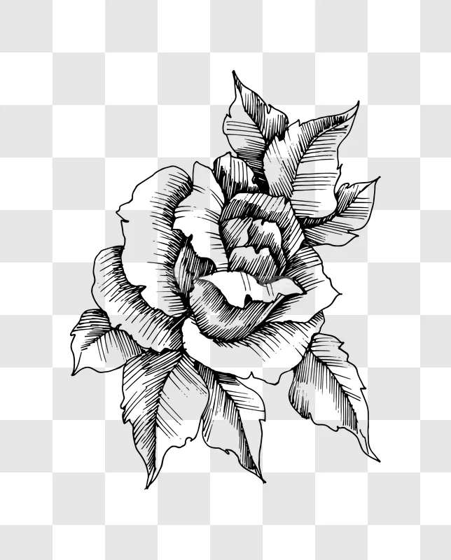 Detailed Rose Flower Ink Sketch Illustration Art, black outline, transparent background