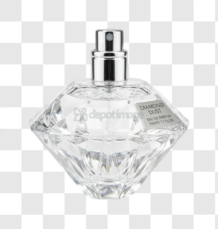 Diamond Dust Perfume Bottle on White: clear glass faceted bottle, silver spray top