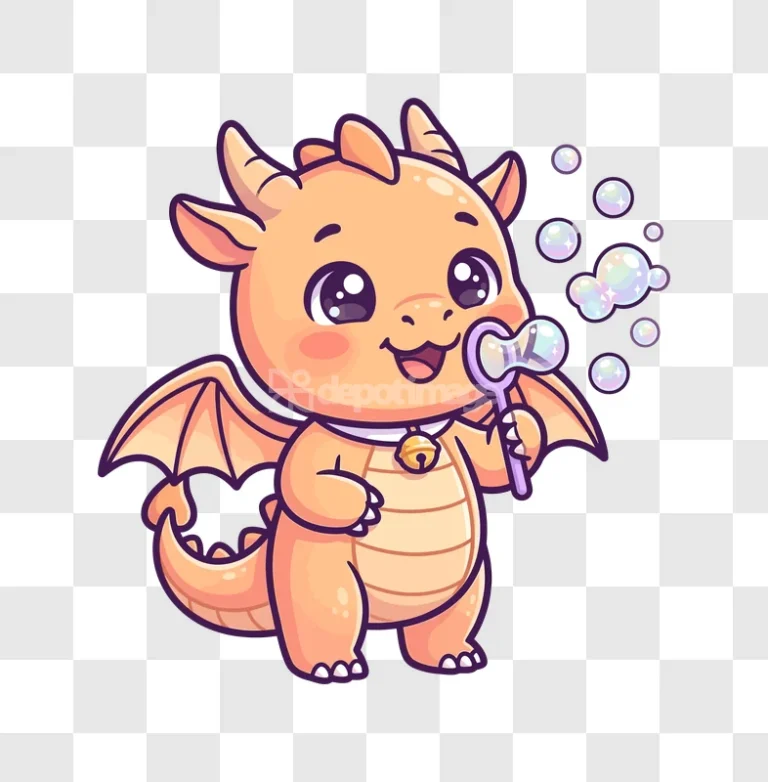 Dragon Blowing Bubbles Kawaii Illustration Cute orange dragon purple bubbles transparent
