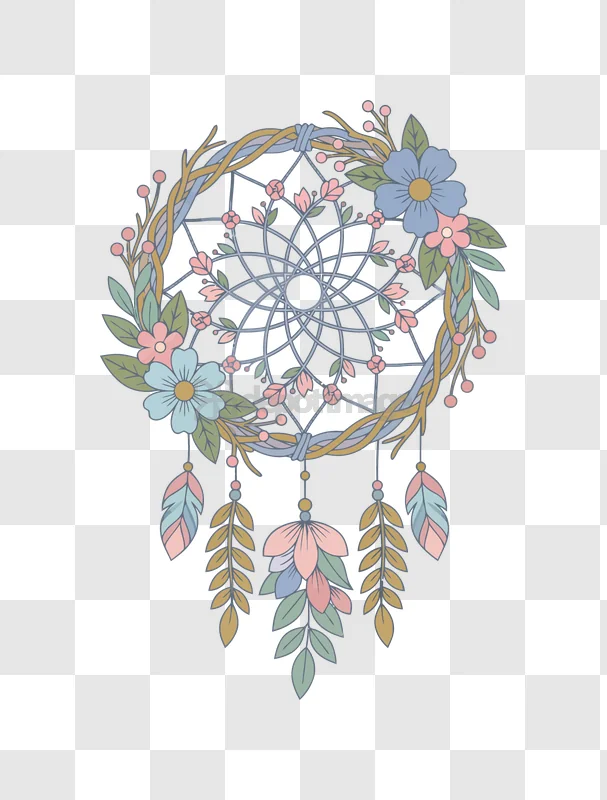 Dreamcatcher With Flowers and Feather pastel colors transparent background