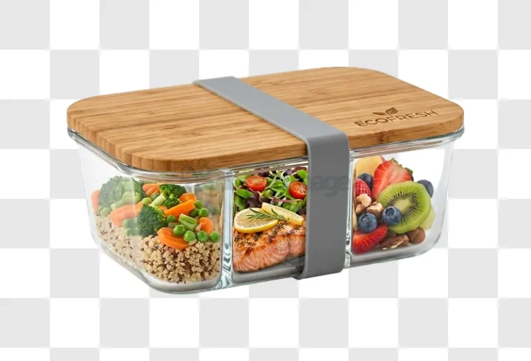 Ecofresh Glass Lunch Box With Dividers Full with quinoa, salmon, and fruit