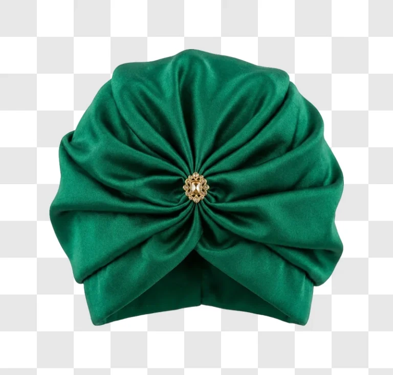 Emerald Green Turban Adorned With Jeweled Brooch, elegant satin fabric gold jewel