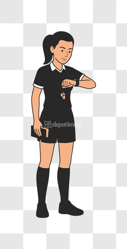 Female Referee Checking Watch cartoon style black uniform
