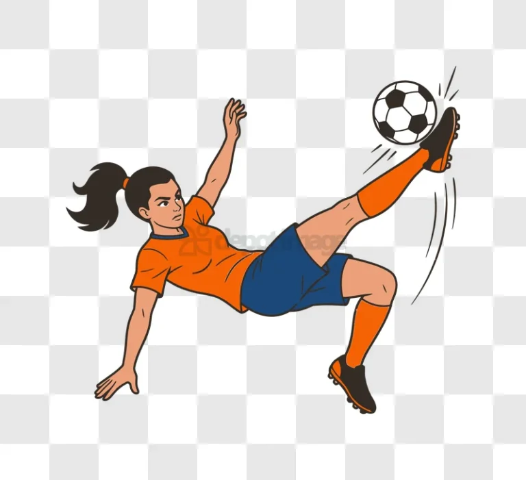 Female Soccer Player Doing Bicycle Kick cartoon style orange blue uniform