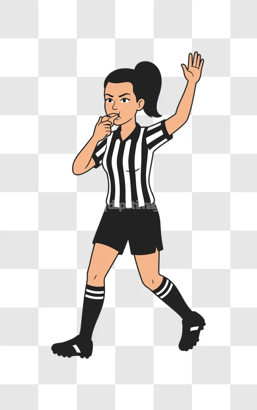 Female Soccer Referee Blowing Whistle cartoon style black white uniform