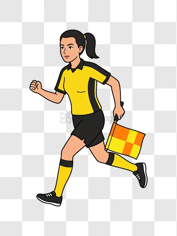 Female Soccer Referee Running With Flag cartoon style yellow uniform
