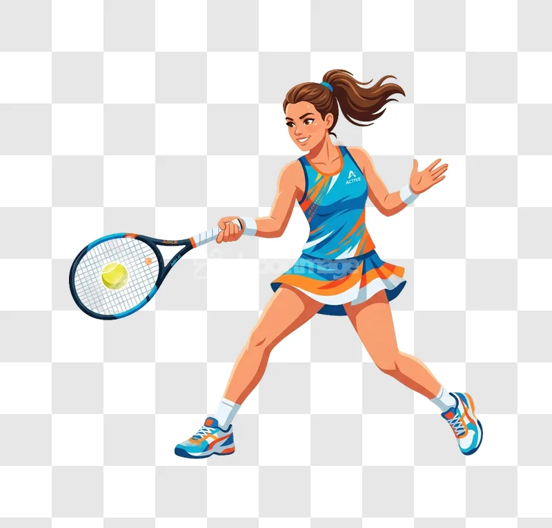 Female Tennis Player Blue Orange Uniform Active cartoon style transparent background