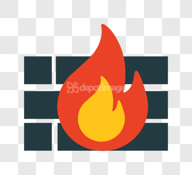 Firewall Internet Security Protection Icon Flat, red and yellow flame on brick wall